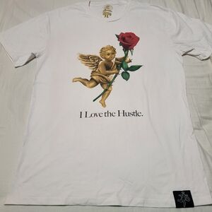 White T-Shirt with Angel and Rose Graphic